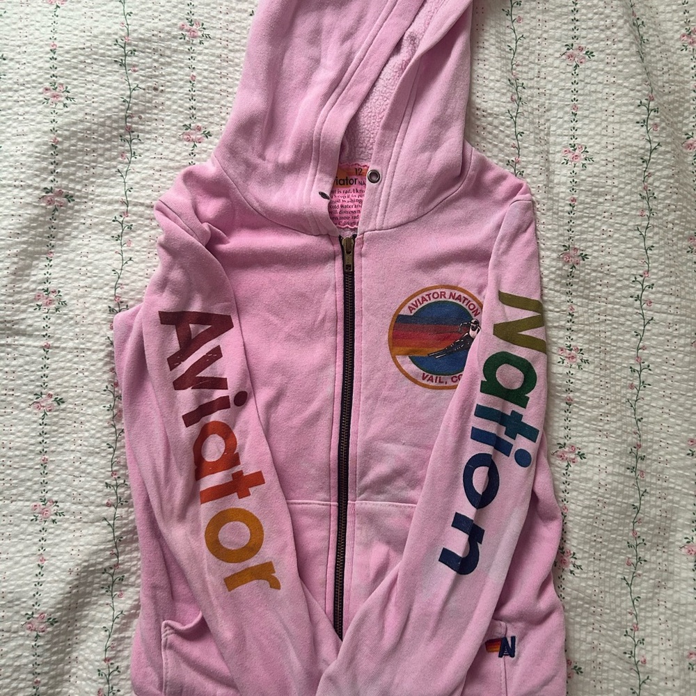 Aviator Nation Pink Zip-Up Hoodie with Rainbow Logo
